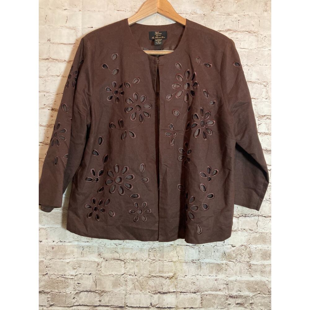 Trenz by Theresa Renz Linen Jacket Women 1X Milk Chocolate Open Front Embroider